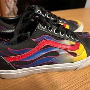 Vans Black Sneakers with Red, Blue & Yellow Flame Design